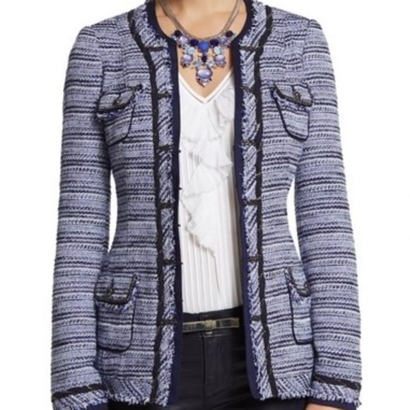 WHBM Blue Tweed Fringe Chain Embellished Blazer Jacket - Picture 3 of 8